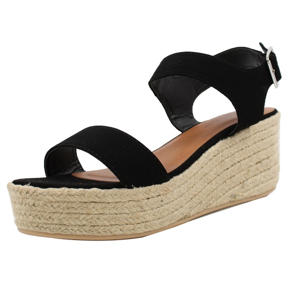 SIZE 6 Black Open Toe Ankle Strap Espadrille Wedge - Picture 3 of 6